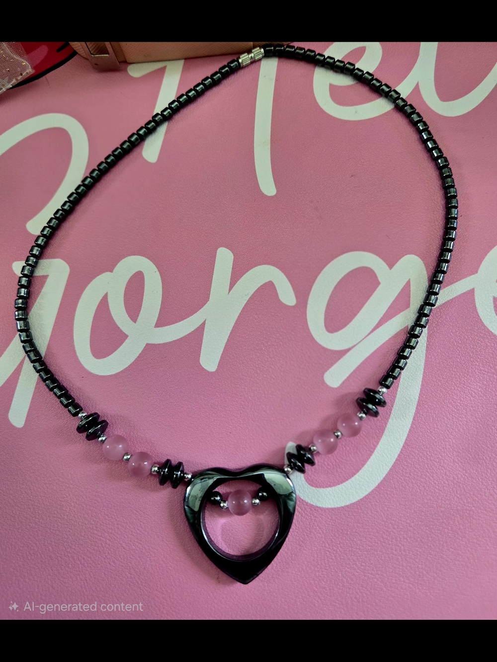 Park Lane Black Heart Necklace with Pink Beads